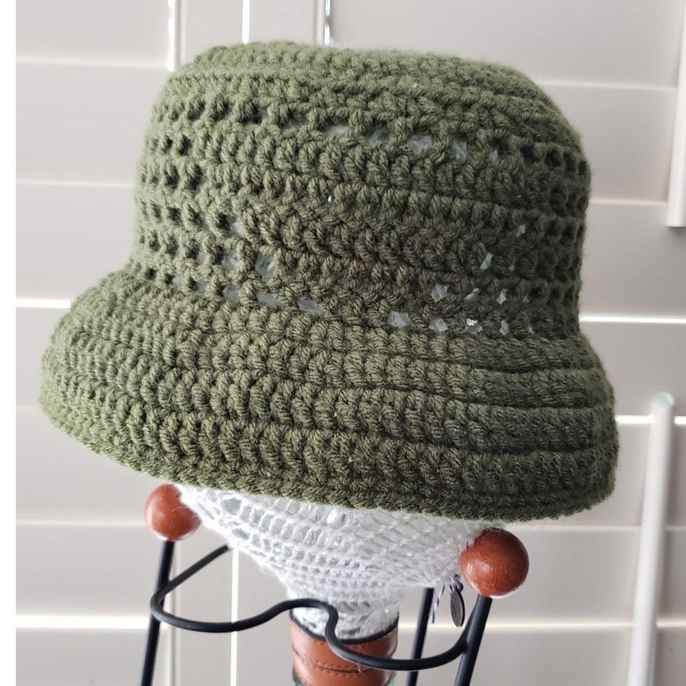 Handmade Crochet Knit Bucket Hat Cottage Butterfly Fairy Green 100% Acrylic